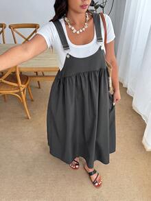 Enliva Plus Size Casual Loose Strap Dress - Dark Grey - View 3