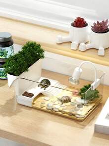1 Buah Akuarium Kura-kura Plastik Bening dengan Platform Berjemur dan Pot Bunga Gratis untuk Penggunaan di Meja Kantor Rumah Habitat Kepiting Reptil Amfibi Terrarium Kandang Mini Transparan Portabel Tahan Lama Dapat Ditumpuk - Clear - View 3