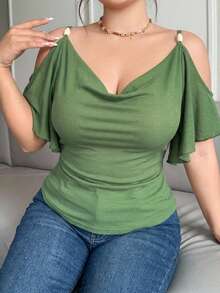 REIGN AVE Summer Green Beaded Batwing Sleeve Wedding Banquet Fashion Party Slim Fit Elegant Short Sleeve T-Shirt - Fresh Green - View 6