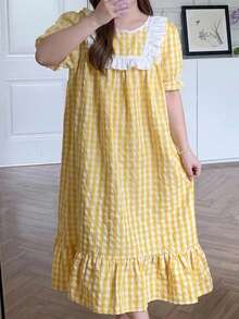 Dazy Plus Cute Patchwork Frill Trim Loose Plaid Yellow Spring Summer Autumn Home Wear Long Nightgown - Yellow - View 1