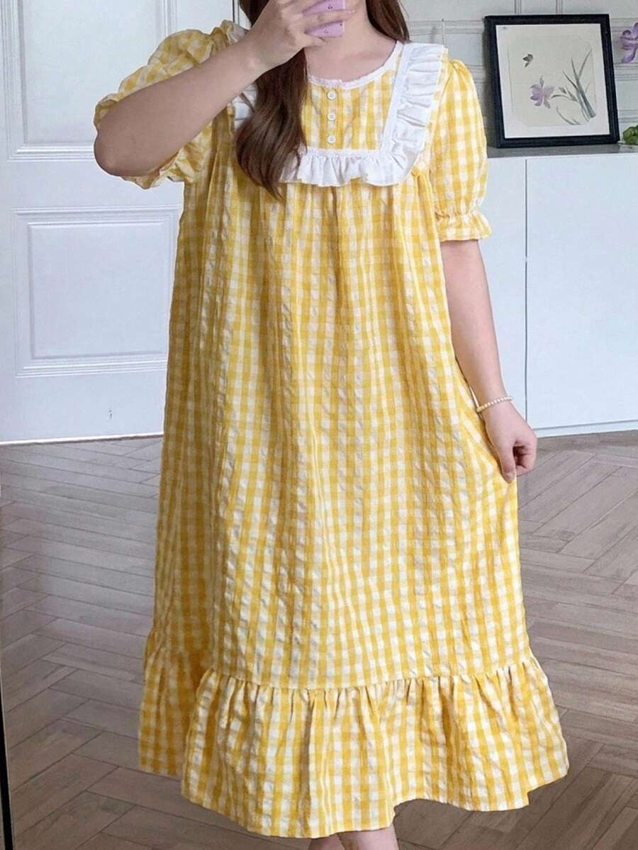 Dazy Plus Cute Patchwork Frill Trim Loose Plaid Yellow Spring Summer Autumn Home Wear Long Nightgown - Yellow - View 1