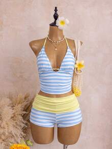 Bellisia Vintage Striped Halter V-Neck Two-Piece Swimwear, High Waist Bikini Bottom 3 Pieces Set, Beach Vacation Swimwear - Multicolor - View 4