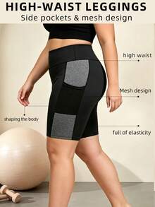 SHEIN Unity Women's Plus Size Colorblock Patchwork Sports Shorts With Pockets - Black - View 4
