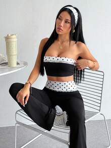 Dewbera Dewbera 2026 Spring/Summer New Women's Slim Fit Sports Outdoor Set, Color-Block Polka Dot Lace Trim Sweet Yoga Workout Outfit - Black and White - View 7
