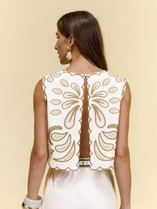 CAJUNI x Carol Peixinho Beige Woven Fabric Round Neck Sleeveless Crop Top With Intricate Print For Women - Beige - View 2
