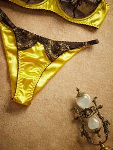 PinupPomp Women's Sexy Lace Patchwork Bra And Panty Lingerie Set - Yellow - View 5