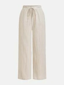 SHEIN PETITE CURVE 大尺碼女款純色腰部綁帶寬腿長褲 - 彩色 - 查看 8