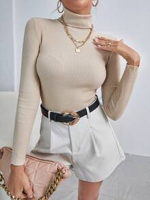 SHEIN LUNE Jersey de cuello alto de punto acanalado, tops de manga larga de punto, jersey de punto para otoño e invierno - Albaricoque - Ver 6