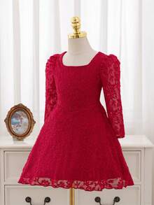SHEIN Elladie kids 優雅紅色蕾絲公主禮服，甜美方領泡泡長袖A字長裙，適合聖誕新年節日派對 - 紅色 - 查看 8