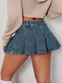 SHEIN PETITE 女款百褶休閒 90 年代風 Y2K 百搭日常牛仔迷你裙 夏季外出穿搭 牛仔藍 - 深色水洗藍 - 查看 2
