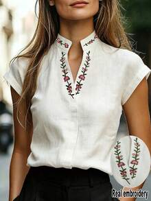 SHEIN LUNE 女款夏季復古刺繡立領短袖襯衫，白色溫柔風V領花卉上衣，修身百搭通勤度假風 - 白色 - 查看 4