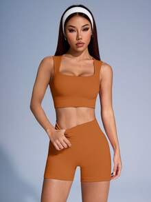 SHEIN Sovereign Charm Solid Color Ribbed Sports Tank Top & Shorts Set For Women - Ginger - View 4