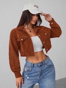 SHEIN PETITE 春季穿搭落肩翻蓋設計短版燈芯絨黑色夾克 秋冬款 - 棕色 - 查看 5