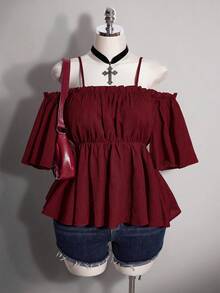 SHEIN ICON 大尺碼女款 Y2K 復古純色露肩上衣 - 酒紅色 - 查看 8
