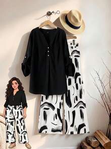 Rusticease Setelan Kasual 2 Potong untuk Wanita Ukuran Plus: Kemeja Lengan Gulung Warna Polos dan Celana Panjang Lebar Motif Sikat - Hitam dan Putih - View 2