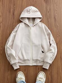 EASEVO Men's Plus Size Spring/Autumn Casual Loose Zip-Up Hoodie Sweatshirt Apricot Color Full Body Embroidery, Graphic, Spring, Y2K, Thermal - Apricot - View 1