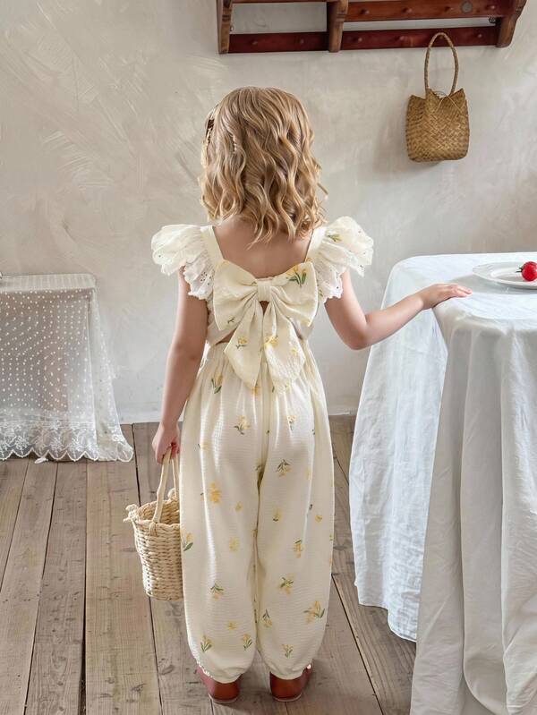 LMoss Kids LMoss  Young Girl Woven Solid Color Ruffled Collar Fitted Jumpsuit