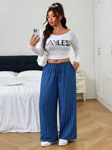 SHEIN EZwear 大尺碼休閒寬鬆條紋長褲 - 彩色 - 查看 3