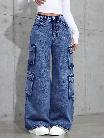 SHEIN Teen Girl Y2K 90s Fall Street Slant Pocket Solid Washed Jeans, Pocket Design Soft & Elegant Casual Straight Leg Cargo Jeans, Suitable For Commuting, Workout,Back To School ,Cargo Pants Y2k Jeans Oversized Jeans Washed Denim Jeans Baggy Cargo Jeans Wide Leg Jeans
