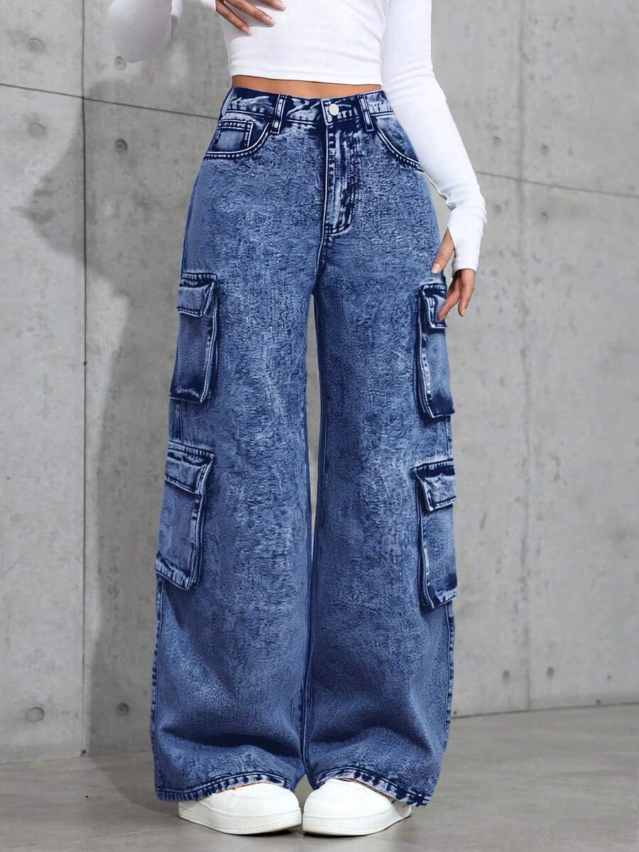 SHEIN 青少年女孩 Y2K 90年代秋季街頭斜口袋純色水洗牛仔褲,口袋設計柔軟優雅休閒直筒工裝牛仔褲,適合通勤、運動、返校,工裝褲 Y2K 牛仔褲寬鬆牛仔褲水洗丹寧牛仔褲寬腿工裝牛仔褲 - 深色水洗藍 - 查看 1