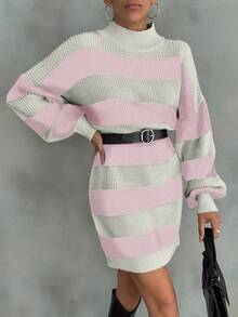 EURMUSE Women Drop Shoulder Sweater Dress With Striped Pattern - Baby Pink - View 6