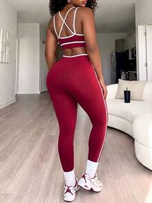 BamGleam Seamless High Elasticity Women's Color Block Top And High Waist Leggings Casual Daily Sports Set - Burgundy - View 3