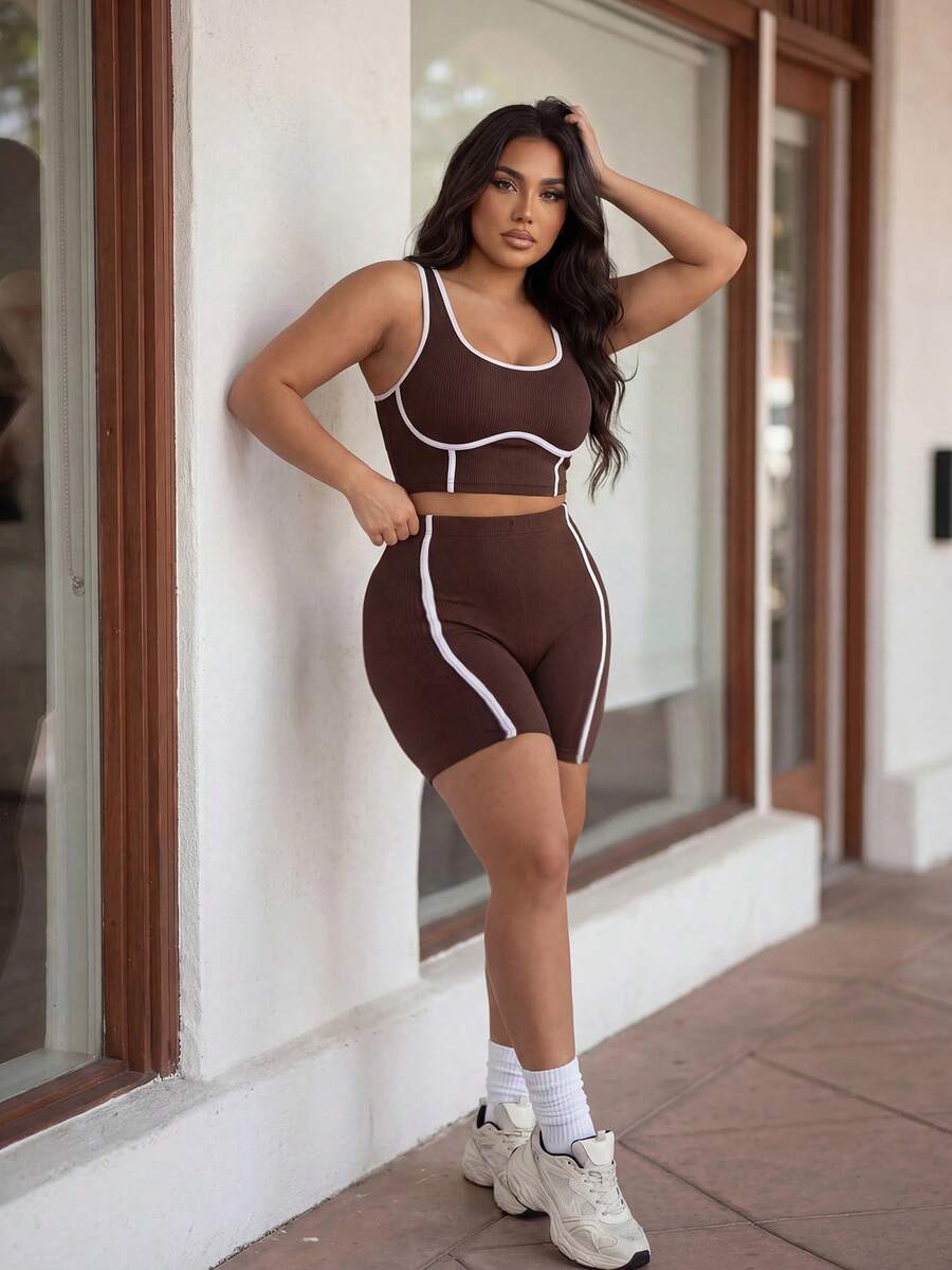 Slayform Women's Plus Size Colorblock Cropped Top And High Waist Shorts Casual Daily Sports Set Gym Sports Chocolate Brown Summer - Multicolor - View 1