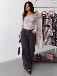 Black Off Shoulder Fitted Casual Long Sleeve Basic Base Layer T-Shirt Leopard Print - Multicolor - View 3