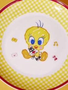 LOONEY TUNES X Joivida 1件陶瓷晚餐盤，可愛格子紋卡通印花圓形瓷盤組，微波爐適用彩色邊餐具，日系可愛裝飾甜點沙拉盤，適合兒童女孩粉絲禮物 - 彩色 - 查看 7