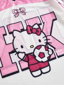 HELLO KITTY AND FRIENDS | ROMWE تي شيرت جيرسي بقصة فضفاضة وطبعة مشتركة العلامة التجارية بأسلوب رياضي Y2K للفتيات - وردي - مشاهدة 4