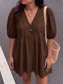 Enliva Plus Size Women's Ruffled Puff Sleeve V-Neck Dress - Brown - View 2
