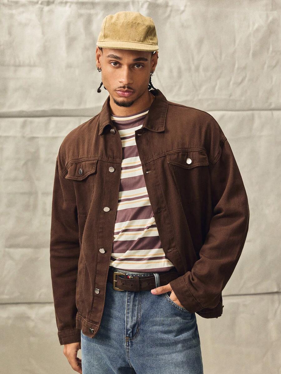 Norleigh Men Loose Fit Long Sleeve Cotton Solid Color Front Button Casual Denim Jacket, For Fall - Coffee Brown - View 1