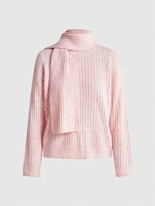 ROMWE Kawaii Y2K Autumn/Winter Versatile White Girl Aesthetic Sweet Style Scarf 2 In 1 Pullover Sweater For Women - Pink - View 1