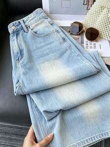 Resyla Women's Casual Denim Effect Print Button Pocket Loose Long Pants - Multicolor - View 4
