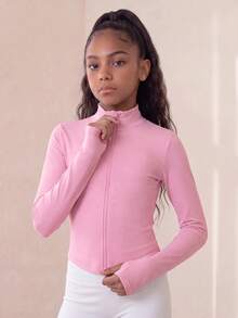 SHEIN 青少年女孩運動上衣，立領拉鍊設計，短版夾克，修身剪裁，拇指孔袖口，長袖健身運動上衣，適合健身、跑步、瑜伽、訓練，適用於戶外運動，秋冬穿著 - 淺粉色 - 查看 4