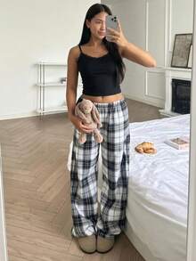 少女蕾丝拼接吊带背心和格子阔腿裤休闲家居服套装 - 黑色 - 查看 6