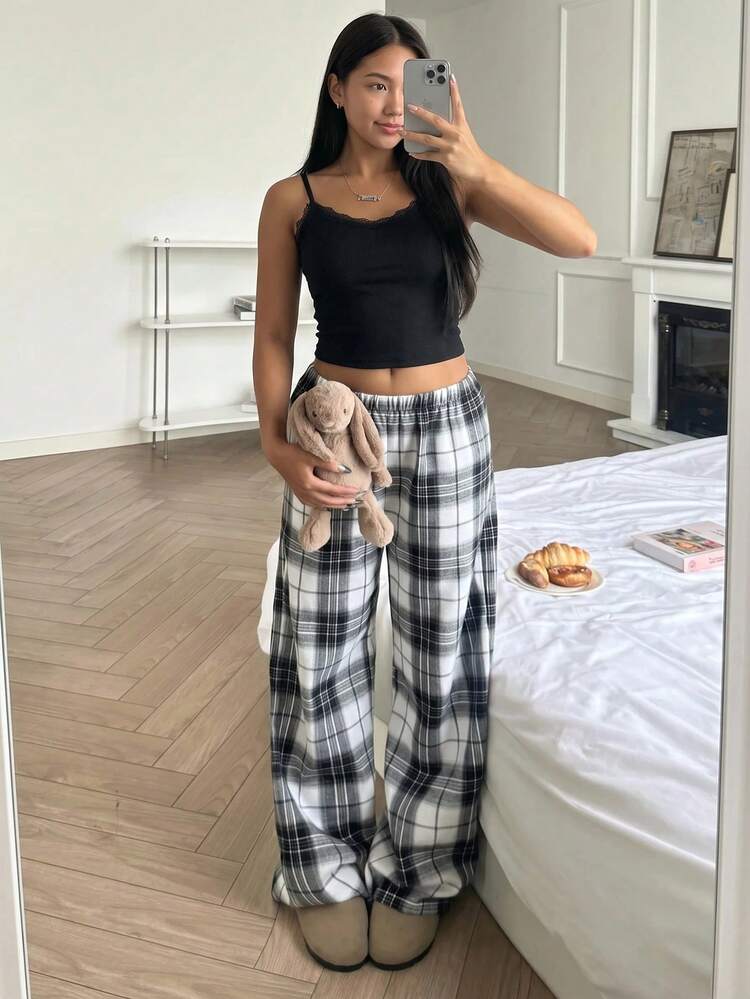 Teen Girl Lace Patchwork Camisole And Plaid Wide Leg Pants Casual Loungewear Set - Black - View 6
