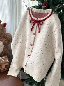 DAZY Girls (Big) Loose Polka Dot Contrast Color Bow Decor Cute Autumn/Winter Sweater Cardigan - Beige - View 1