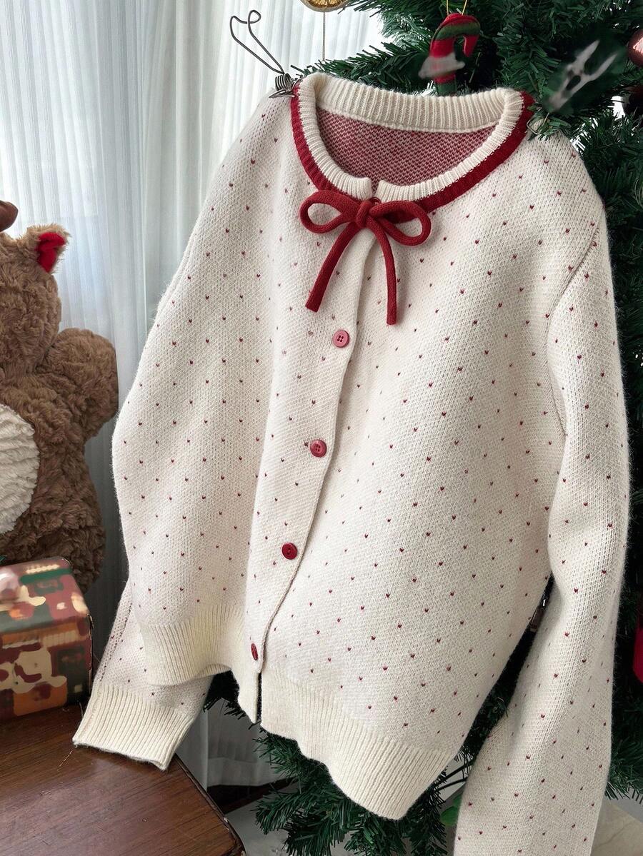 DAZY Girls (Big) Loose Polka Dot Contrast Color Bow Decor Cute Autumn/Winter Sweater Cardigan - Beige - View 1