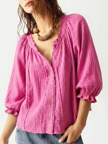 Bohemela Casual Boho Solid Color V-Neck Loose Washed Women Blouse,Autumn Top Vacation Magenta - Hot Pink - View 3