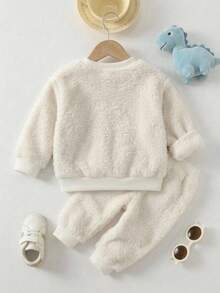 SHEIN Baby Boy Cartoon Animal Pattern Knitted Soft Crew Neck Long Sleeve Pullover Sweatshirt With Fleece Lining, Thickened, Little Dinosaur Sweatshirt, Suitable For Winter, Casual And Comfortable - Apricot - View 2
