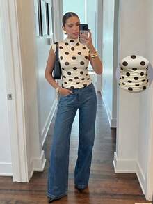 Firerie Women's Vintage Cream Polka Dot Mock Neck Sleeveless Top, Ruched Cinched Waist Elegant Inner Layer Tank - Multicolor - View 1