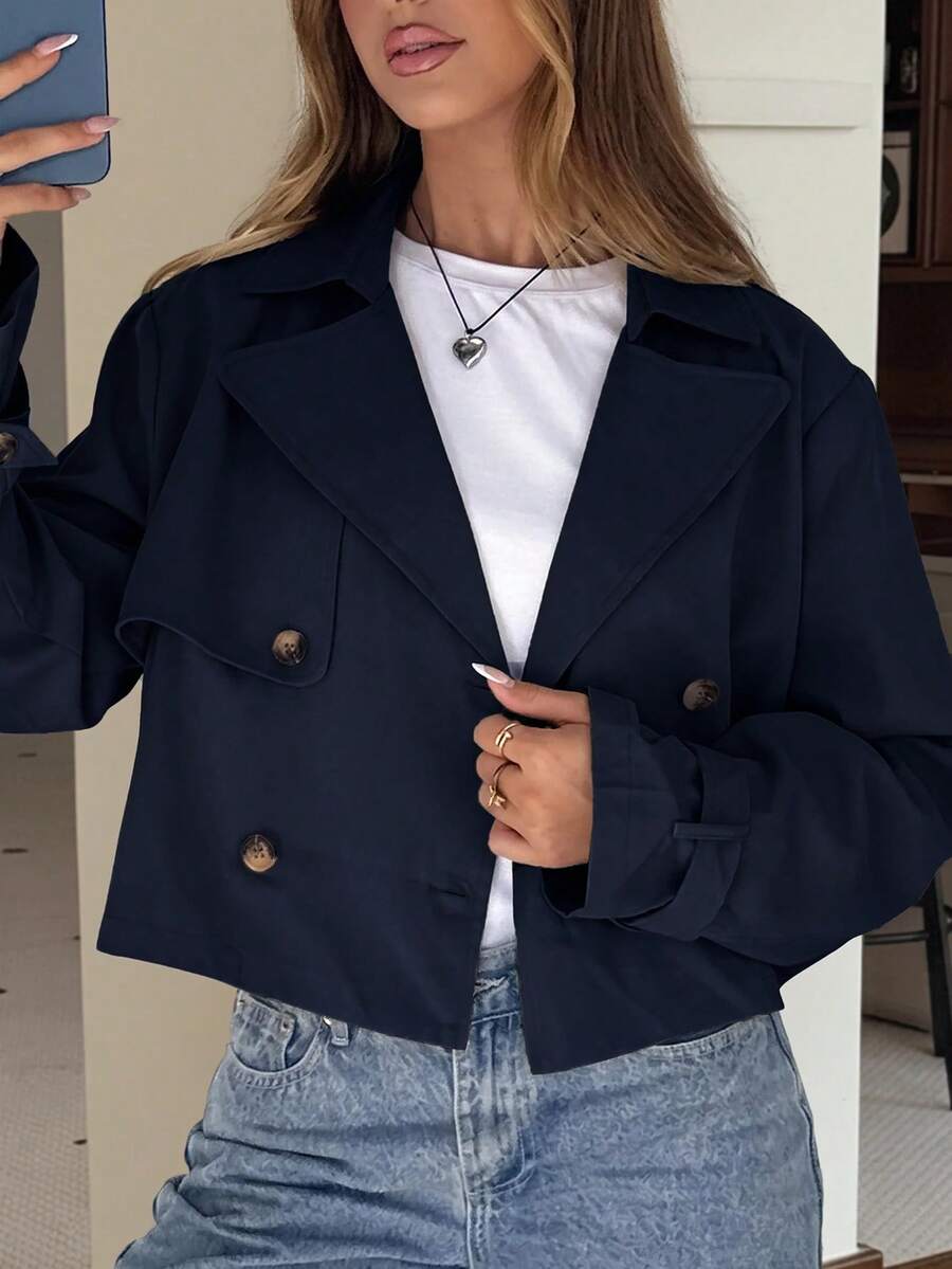 SHEIN EZwear 女款杏色純色雙排扣短版夾克 秋冬款 - 深灰色 - 查看 1