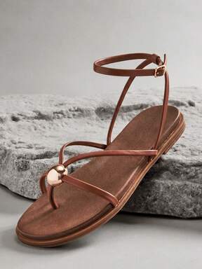 VACAZURE #BeachMuse Women's Round Toe Comfort Footbed Metal Ball Detail Fine Pu Tan Strappy Toe-Post Ankle-Strap Flat Sandals– Chic, Light & Vacation-Ready