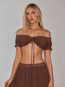 SHEIN ICON Women's Solid Color Shoulder Top And Pleated Skirt Fashion Two Pieces Set - Brown - View 8