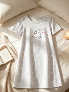 女嬰卡通可愛芭蕾女孩滿版印花短袖長款睡袍居家服 春夏款 - 彩色 - 查看 1