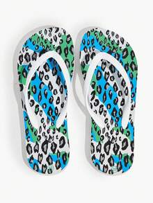 Grefit Blue-Green Contrasting Leopard Print Flip-Flops Female Summer - Blue and White - View 4
