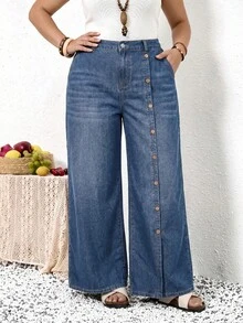 EMERY ROSE EMERY ROSE Plus Size Casual Washed Front Button Denim Jeans - Dark Wash - View 9