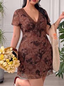 SHEIN EZwear 酒紅色大尺碼女款洋裝 婚禮度假夏季 1950年代復古 1920年代 - 棕色 - 查看 5