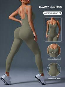 SHEIN Sports 女款素色抓皺臀部細肩帶運動連身褲 - Fresh Green - 查看 2